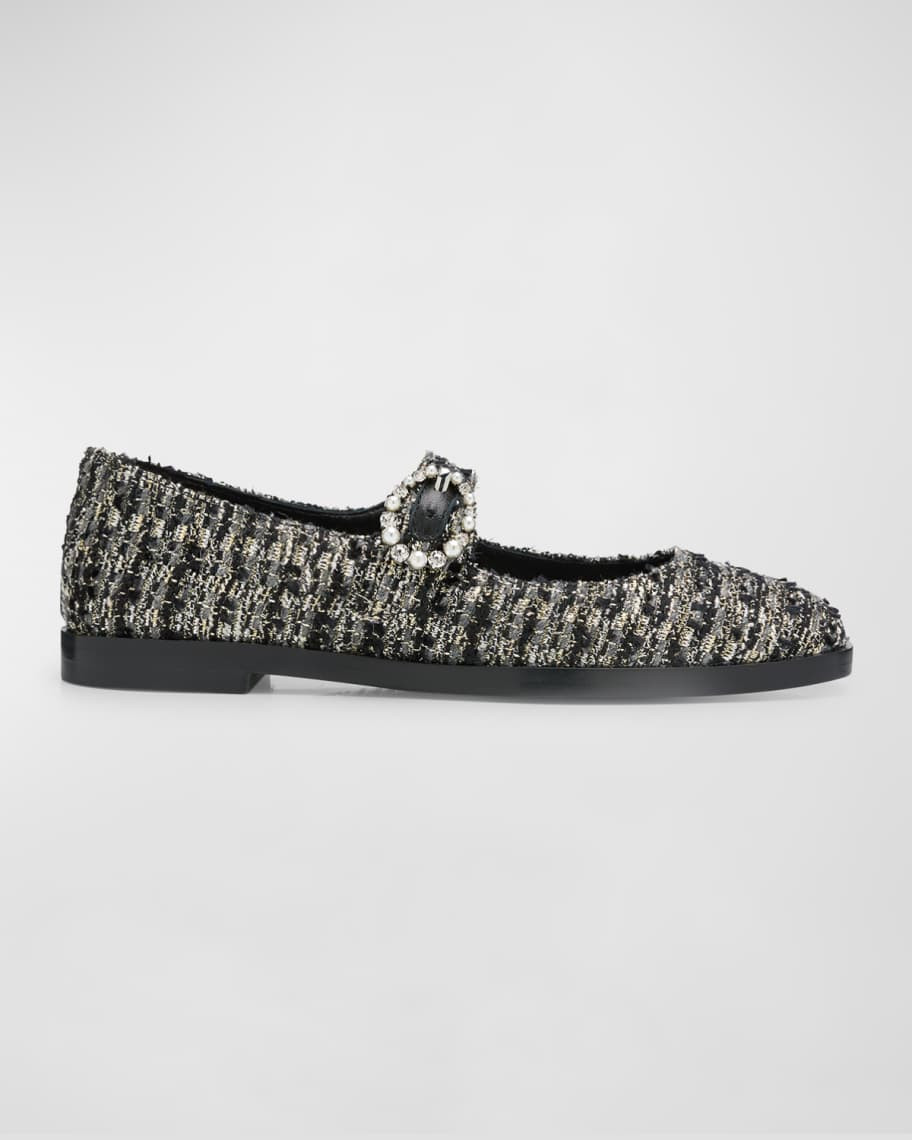 Stuart Weitzman Loralei Tweed Crystal Mary Jane Flats | Neiman Marcus