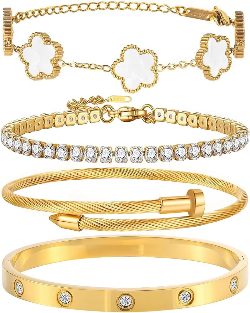 18K Gold Plated Bangle Bracelet Set for Women Stackable Lucky Floral Adjustable Tennis Bracelet N... | Amazon (US)