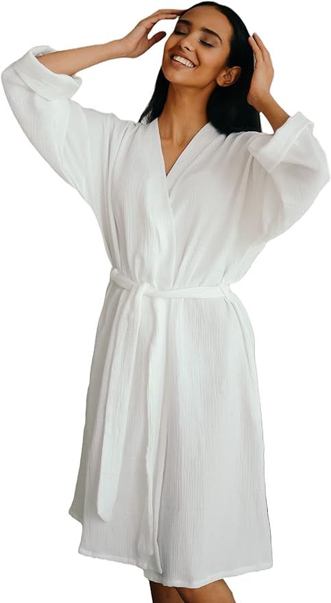 Womens Lightweight Double Gauze Kimono - Soft Summer Beach Cover Up Robe - 100% Cotton Female Kne... | Amazon (US)