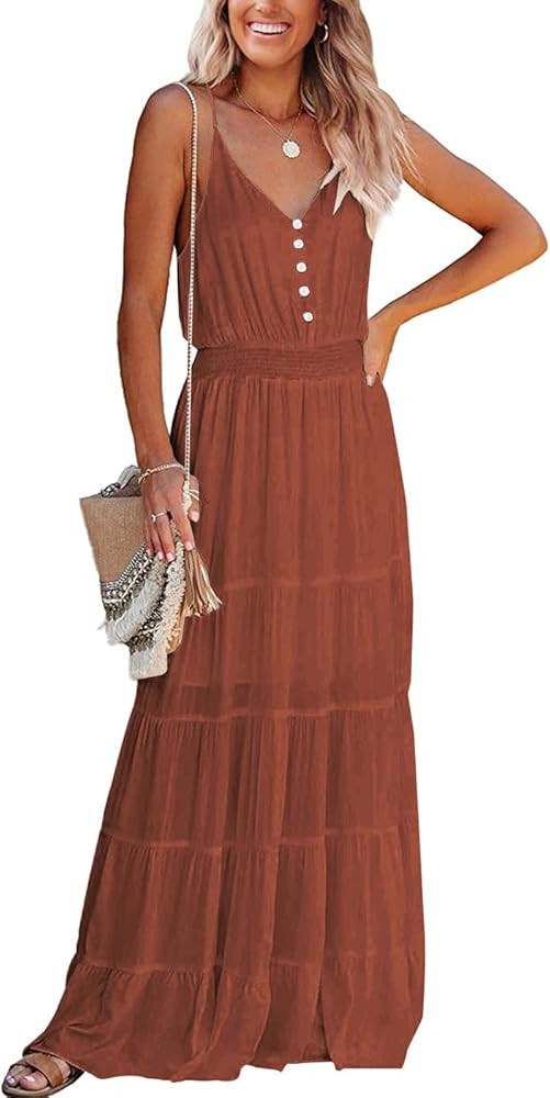 PRETTYGARDEN Women's Causal Summer Dress Spaghetti Strap Sleeveless High Waist Beach Long Maxi Dress | Amazon (US)