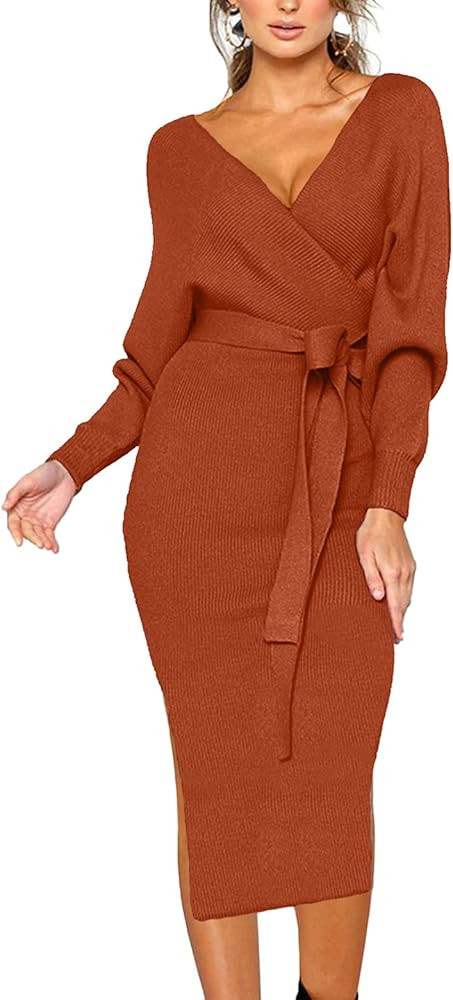 CHERFLY Women's V Neck Sweater Dresses Batwing Long Sleeve Backless Bodycon Dress with Belt | Amazon (US)