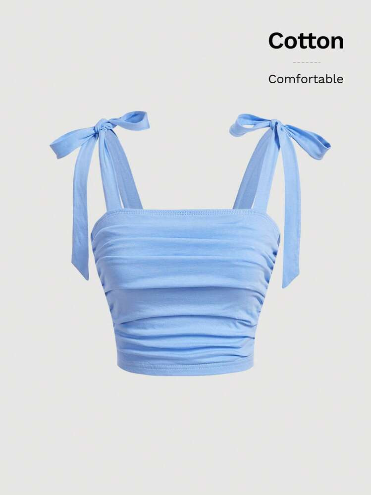 SHEIN MOD Tie Shoulder Ruched Cami Off Shoulder Blue Top | SHEIN