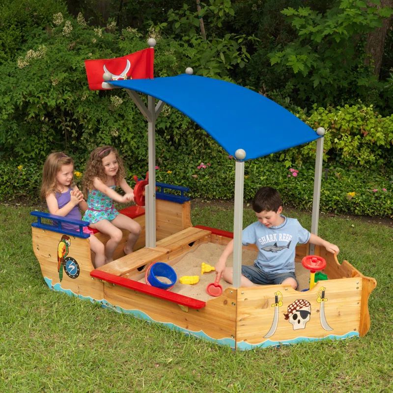 Wooden Pirate Sandbox with Canopy, Covered Kid's Sandbox, Blue & Red | Wayfair North America
