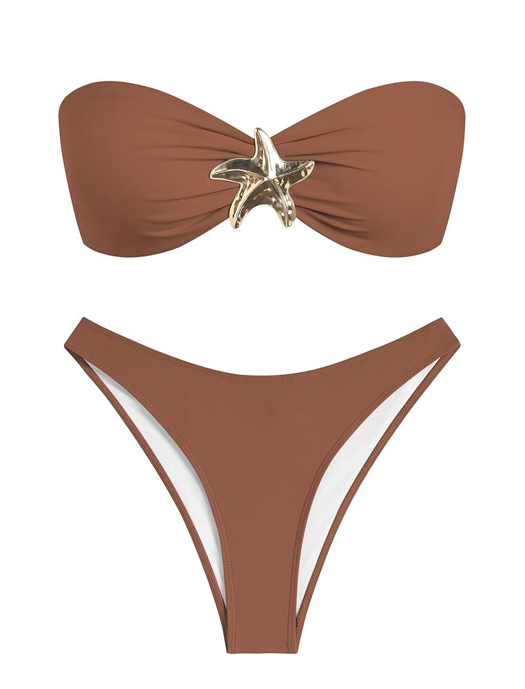 ZAFUL Womens Bandeau Bikini Set Metallic Sparkly O Ring Lace Up Tie Side High Cut Tanga Sexy Bath... | Amazon (US)