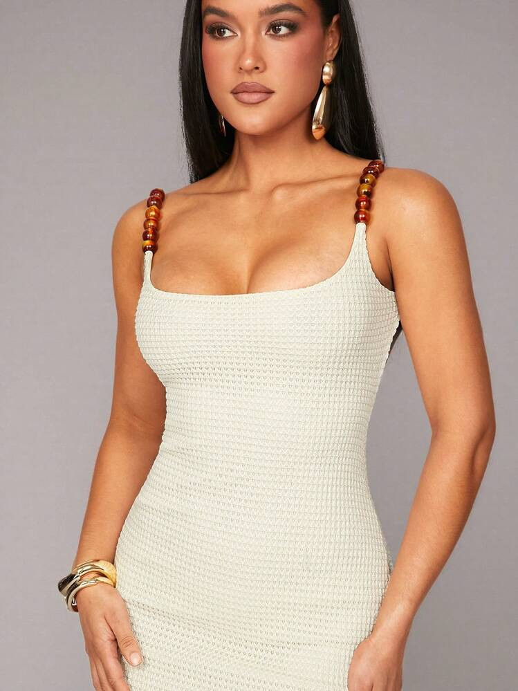 Silquee Crochet Fabric Women's Sleeveless Dress With Beaded Shoulder Straps, Solid Beige Color, Suitable For Daily, Vacation, Beach, Bikini Cover-Up, Night Out, Sisterly Gathering, Beach Party, Pool Party, Holiday Outfit, Nature Party, Cabin Vacation, Romantic Date Women Dresses Vacation Bodycon Dresses For Women | SHEIN