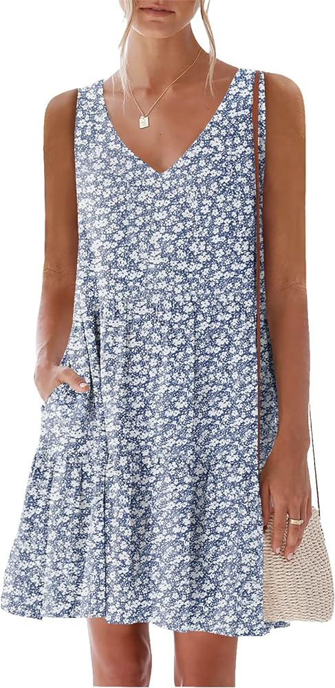 nclook Women's Summer Casual Dress Sweet & Cute V-Neck Mini Dress with Pocket Sleeveless Dress | Amazon (US)