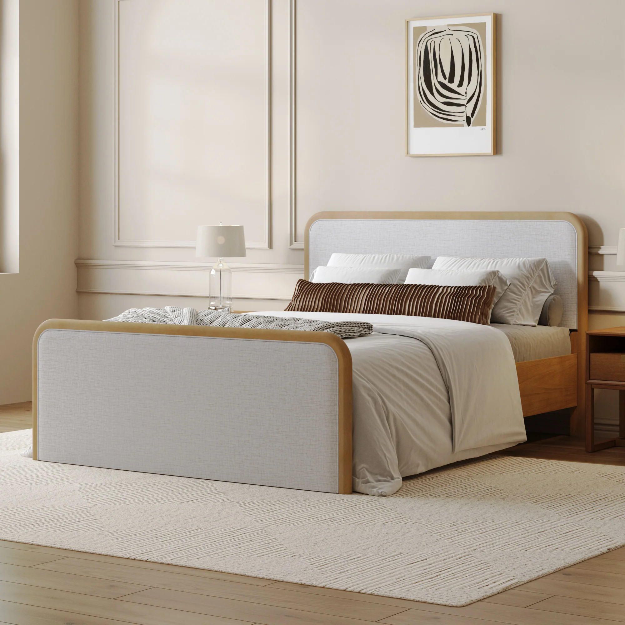 Wood Bed Frame in Feather Gray Upholstery | Size Queen | Nathan James