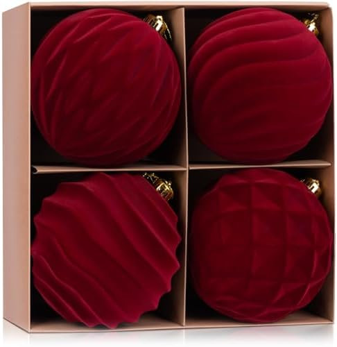 6 Inch Large Burgundy Velvet Christmas Ball Ornaments Set, 4 Pcs Big Flocked Wine Red Shatterproo... | Amazon (US)