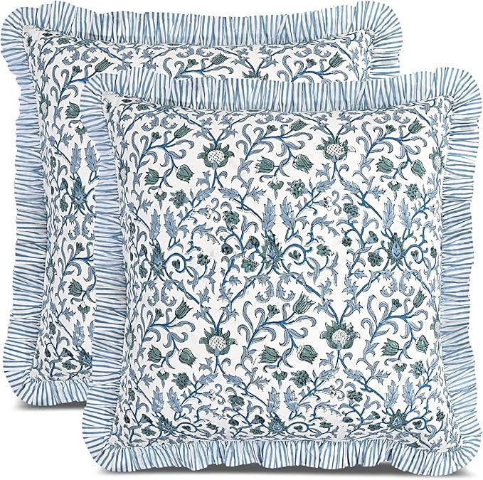 CPC Ocean Vine Hand Block Print 100% Cotton Ruffle Throw Pillow Cover 20x20 inch with Hidden Zipp... | Amazon (US)
