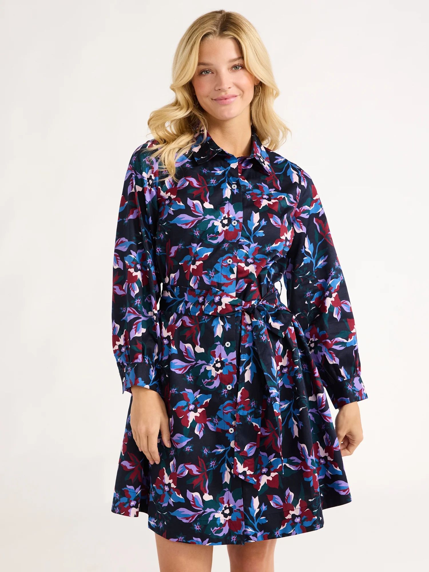 Free Assembly Women’s Belted Cotton Mini Dress with Long Sleeves, Sizes XS-XXL | Walmart (US)