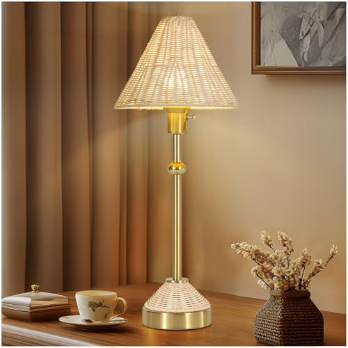 24.5" Rattan Table Lamp for Living Room, Rustic Gold Table Lamp with Lvory White Rattan Shade for Nightstand, Rotary Switch Bedside Lamp, Farmhouse Lamp for Reading Bedroom Office(Bulb Included) | Amazon (US)