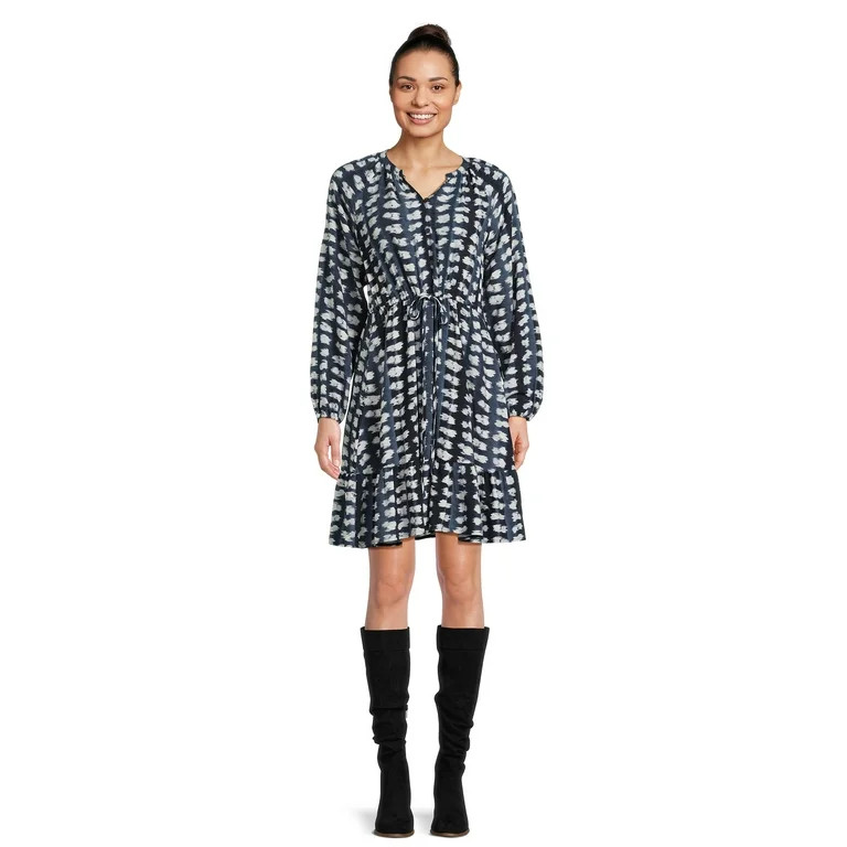 Time and Tru Women's Long-Sleeve Mini Dress with Drawstring, Sizes S-XXXL | Walmart (US)