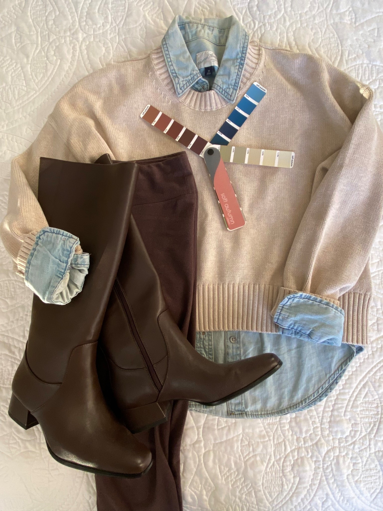 Layered Look: Chambray shirt under organic cotton Quince sweater (speckled beige color): with brown leggings & brown knee-high boots

#LTKOver40 #LTKPetite #LTKootd