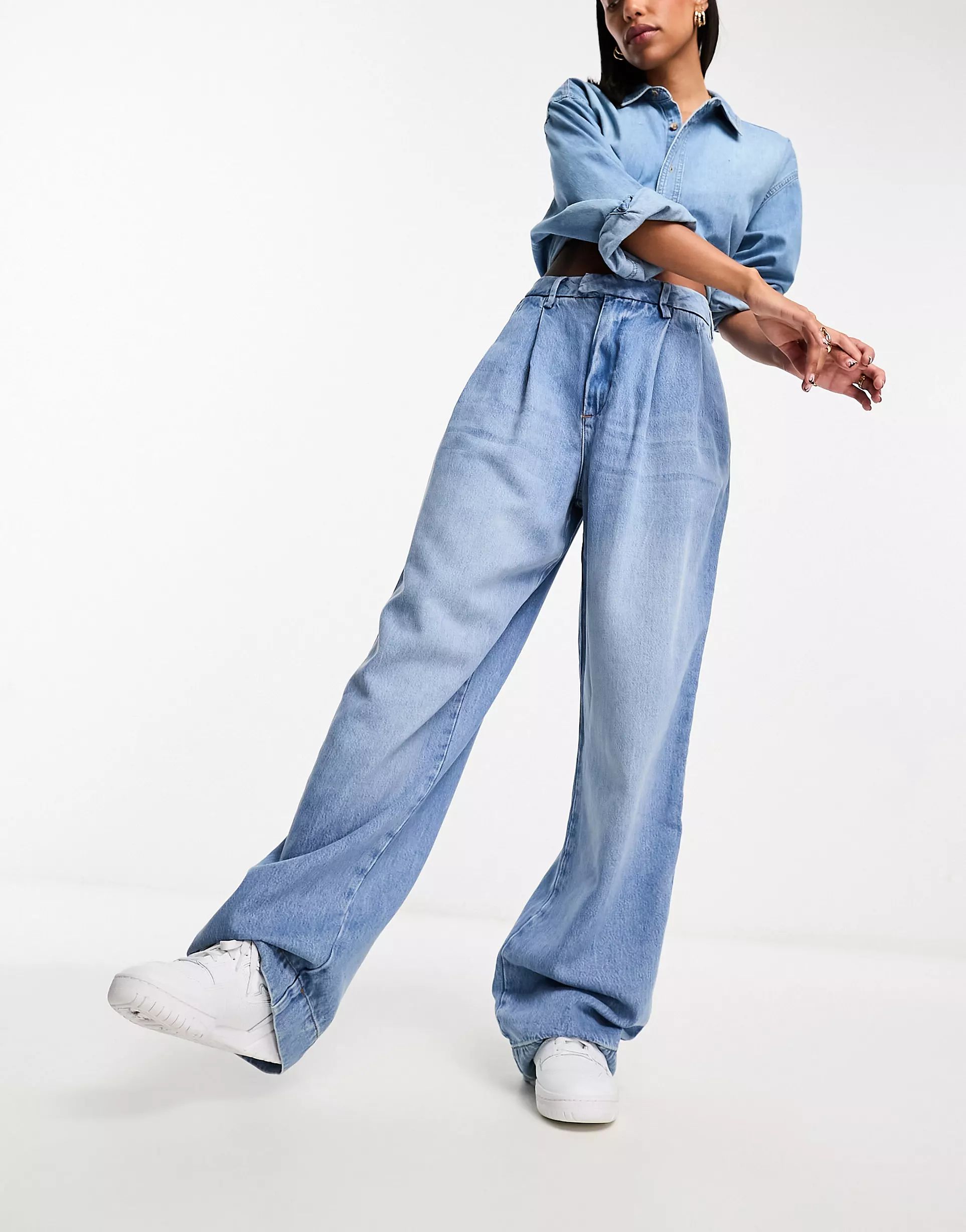 River Island wide leg tailored dad jeans in mid blue wash | ASOS (Global)