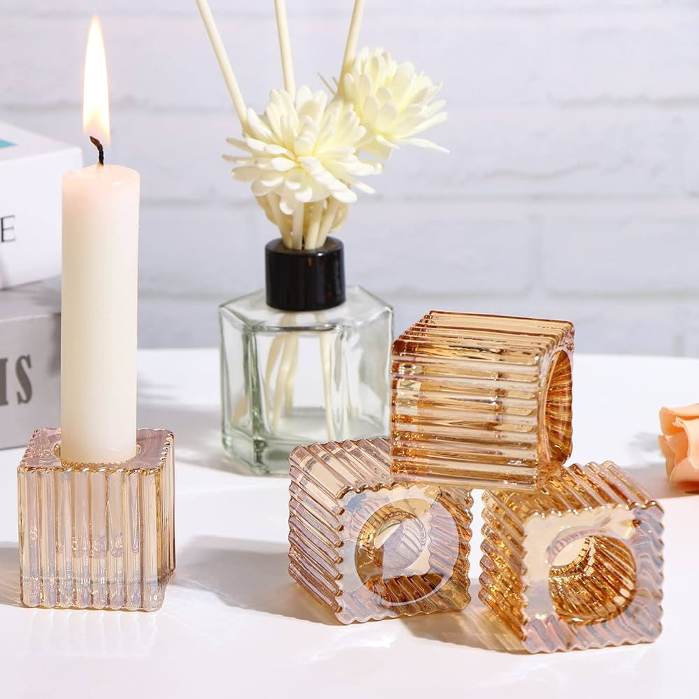 Taper Candle Holders Set of 4, Small Gold Glass Candle Holders for Tea Lights, Pillar Candle Hold... | Amazon (US)