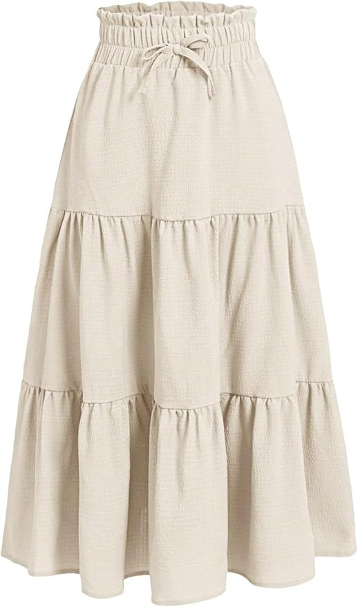 SweatyRocks Girl's Casual Solid Drawstring Waist Ruffle Hem Midi Skirt A Line Skirts | Amazon (US)