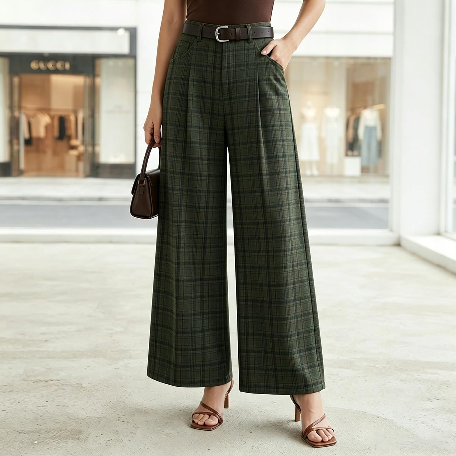utcoco Women's Plaid Wide Leg Pants High Waist Fall Pleated Trousers | Amazon (US)
