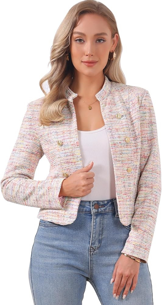 Allegra K Vintage Tweed Jackets for Women's Stand Collar Business Open Front Cropped Blazer Jacke... | Amazon (US)