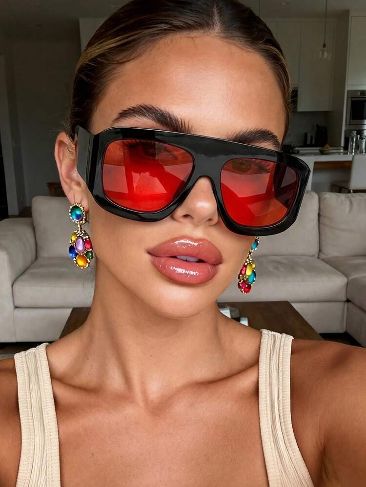 1 Pair Red Large Square Frame Sunglasses, Flattering And Fashionable For Women And Men, Suitable For Outdoor, Beach And As An Essential Beach Accessory, Also An Ideal Choice For Women's Autumn/Winter Outfits And Business Casual Attire | SHEIN