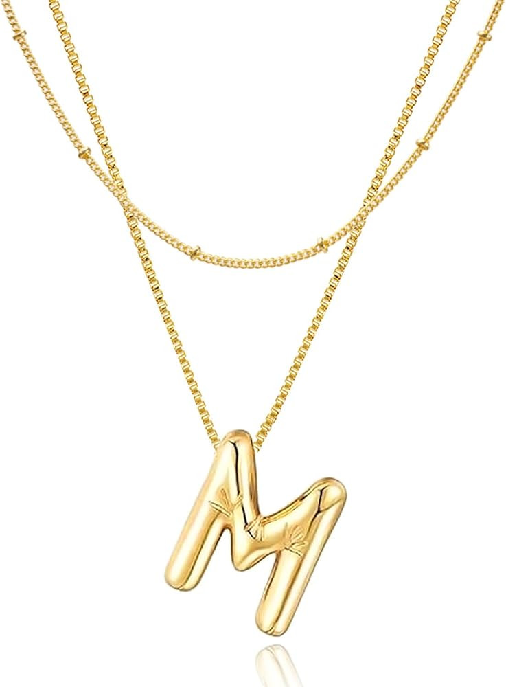 Bubble Letter Necklace, 18K Gold Plated Layered Balloon A-Z Initial Necklace for Women, Chunky Le... | Amazon (US)