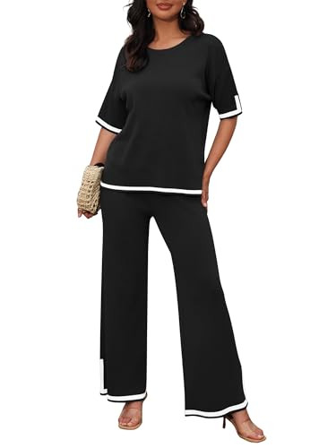 Two Piece Sets for Women with Crew Neck Wide Leg Pants 2 Piece Lounge Sets Short Sleeve Knit Loun... | Amazon (US)