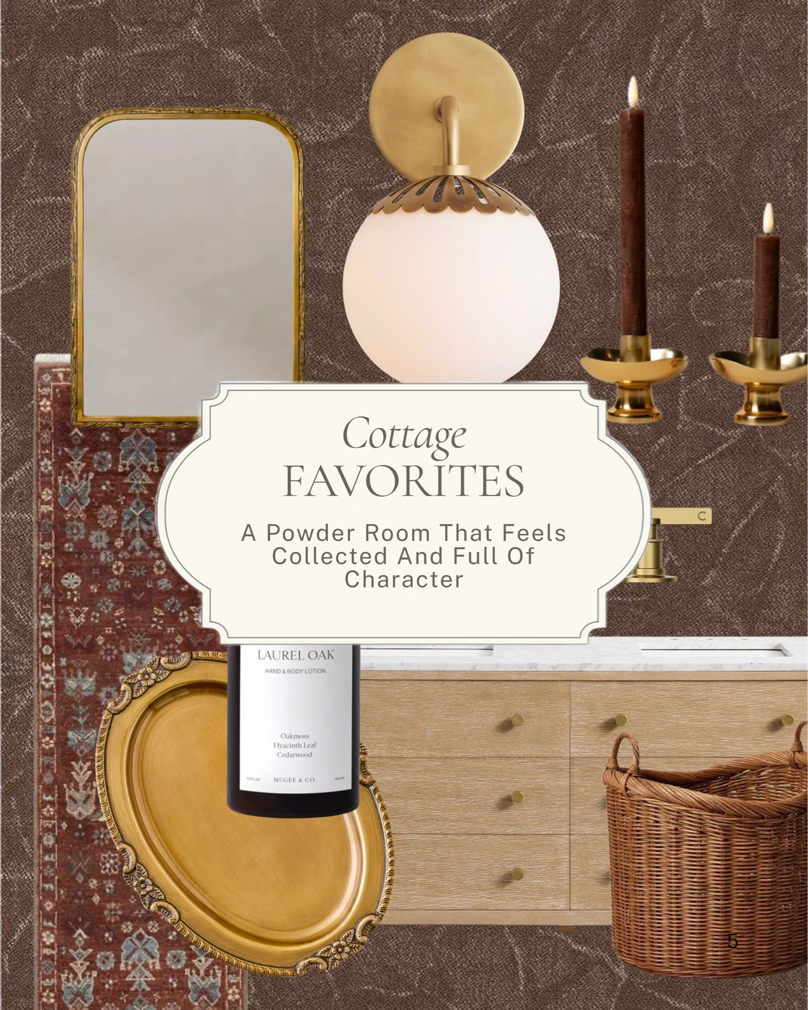 The powder room that makes people stop and look twice ✨ 

A natural wood vanity, a sculptural globe sconce, a gilded arch mirror, a vintage Persian rug, brass candlesticks, a gold ornate tray, a woven basket, and those personal little details that make a small space feel like the most considered room in the house. 

All linked here 🤍 

#LTKhome