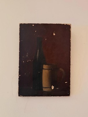 Antique Chiaroscuro Still Life Oil On Canvas Painting with Wine Bottle and Mug | eBay US