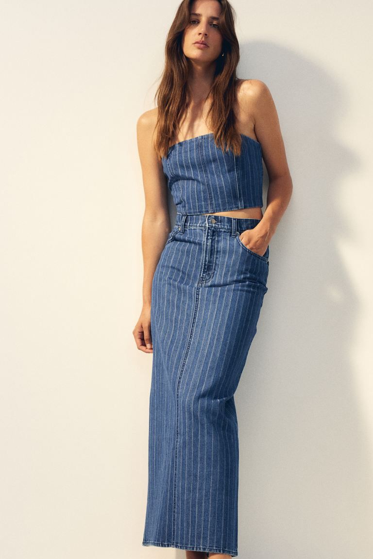 Long Denim Skirt - Regular waist - Long - Denim blue/pinstriped - Ladies | H&M US | H&M (US + CA)