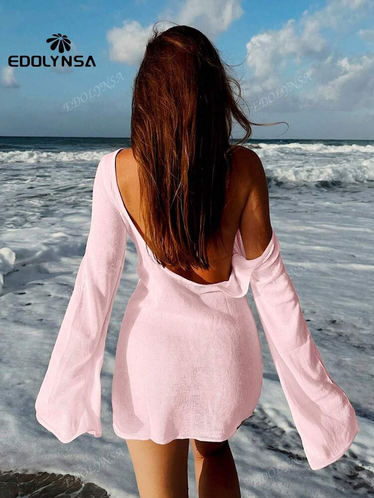 Sexy Backless Bell Sleeve Summer Seaside Women's Pink Knit Beach Mini Dress 2025 See-Through Short Dress Swimwear Cover Up | SHEIN