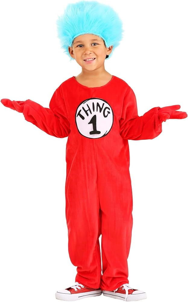 Deluxe Thing 1&2 Costume for Toddlers - Velour Jumpsuit with Mitts, Faux Fur Wig, and Numbers | Amazon (US)