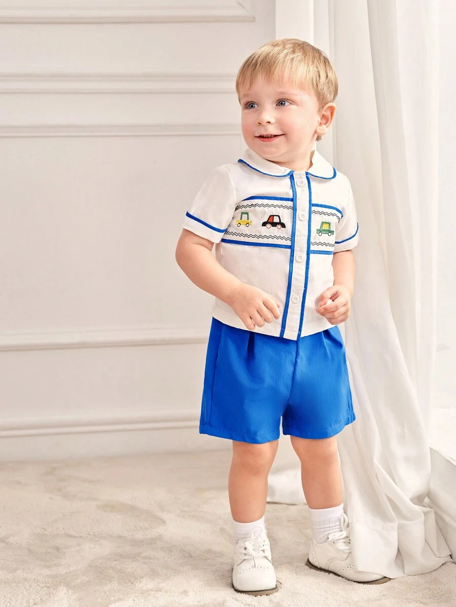 Souflis Baby Boys' Vintage Car Embroidery Shirt & Gentleman Style Shorts Set | SHEIN