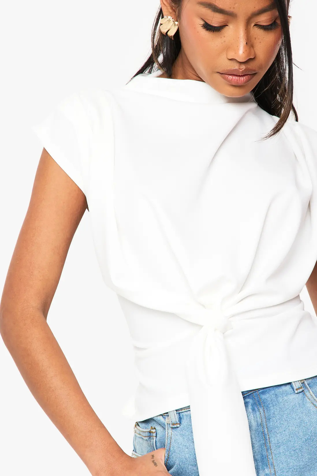 White Crepe Knot Cowl Neck Blouse | Boohoo USA | boohoo (US & Canada)