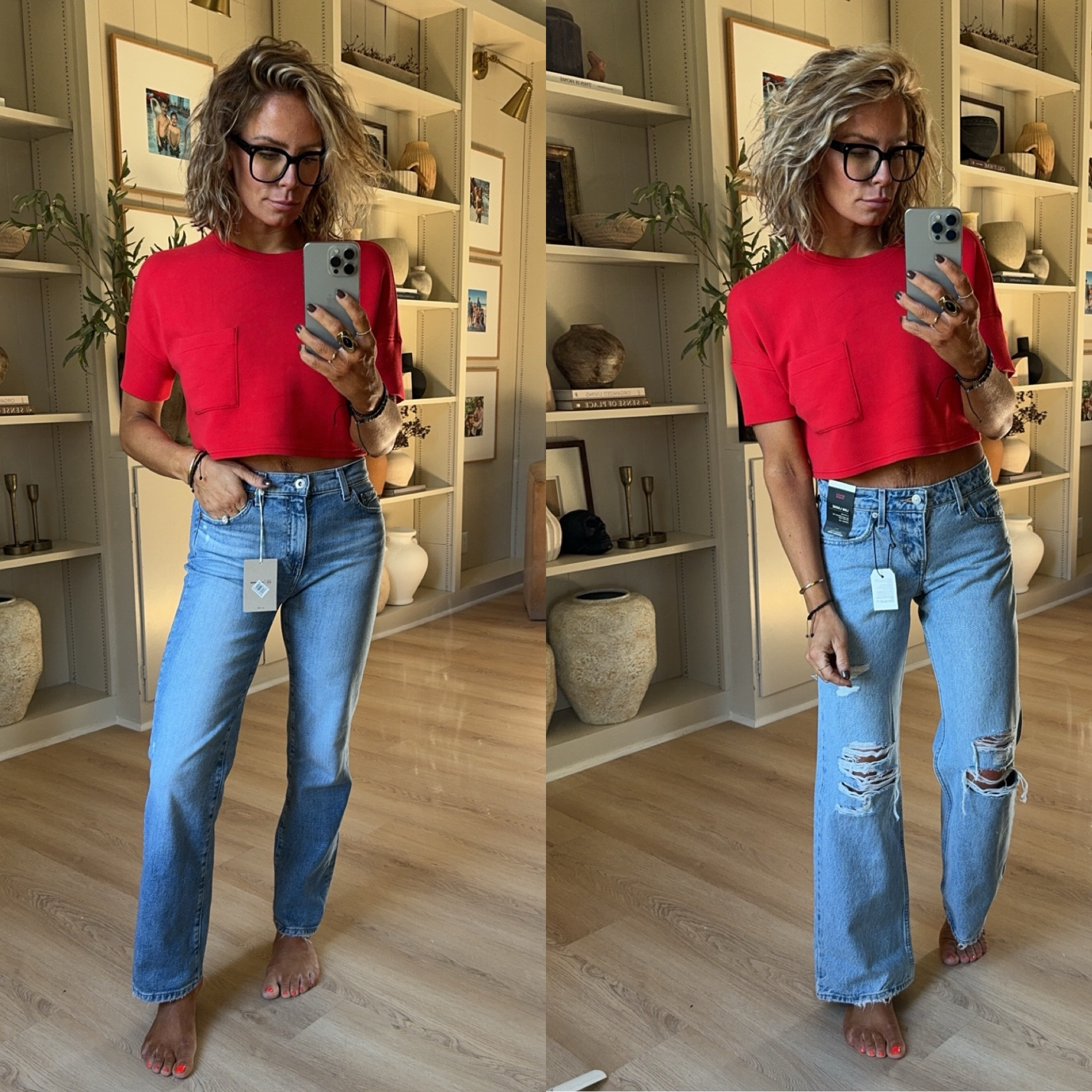 AG denim: 25
Levi’s: 25x30
Top: small - use code JESSICABXSPANX