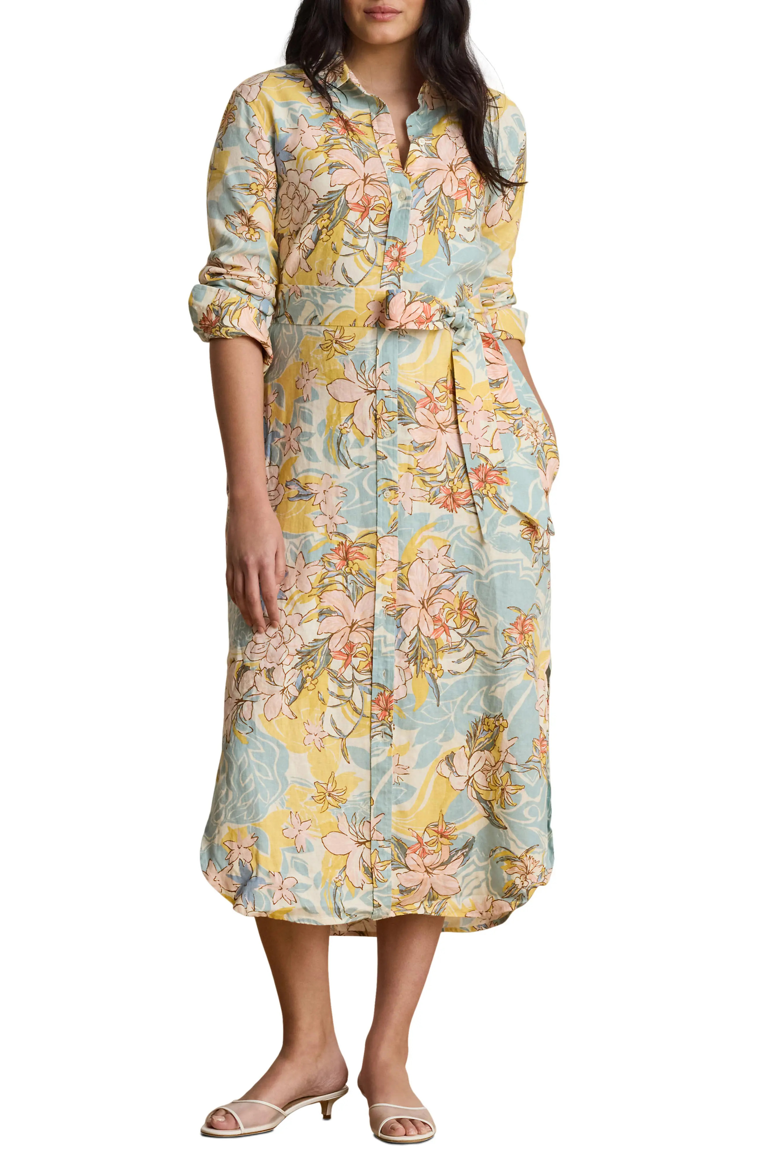 Floral Print Long Sleeve Linen Midi Shirtdress (Women) | Nordstrom | Nordstrom