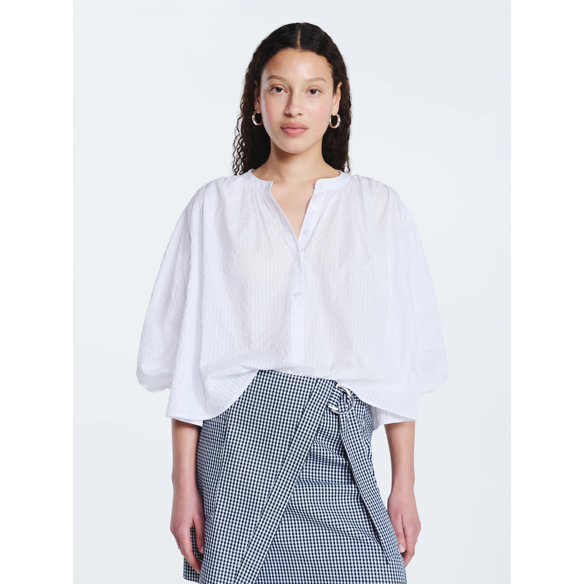 Free Assembly Women's Shirred Cotton Button Down Blouse with Long Sleeves, Sizes XS-XXL | Walmart (US)