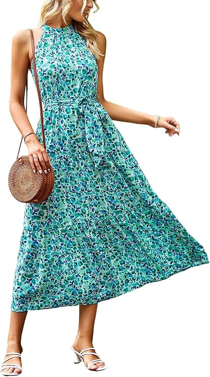 PRETTYGARDEN Women's Summer Floral Maxi Sun Dress Sleeveless Halter Neck Flowy Ruffle Hem Long Bo... | Amazon (US)
