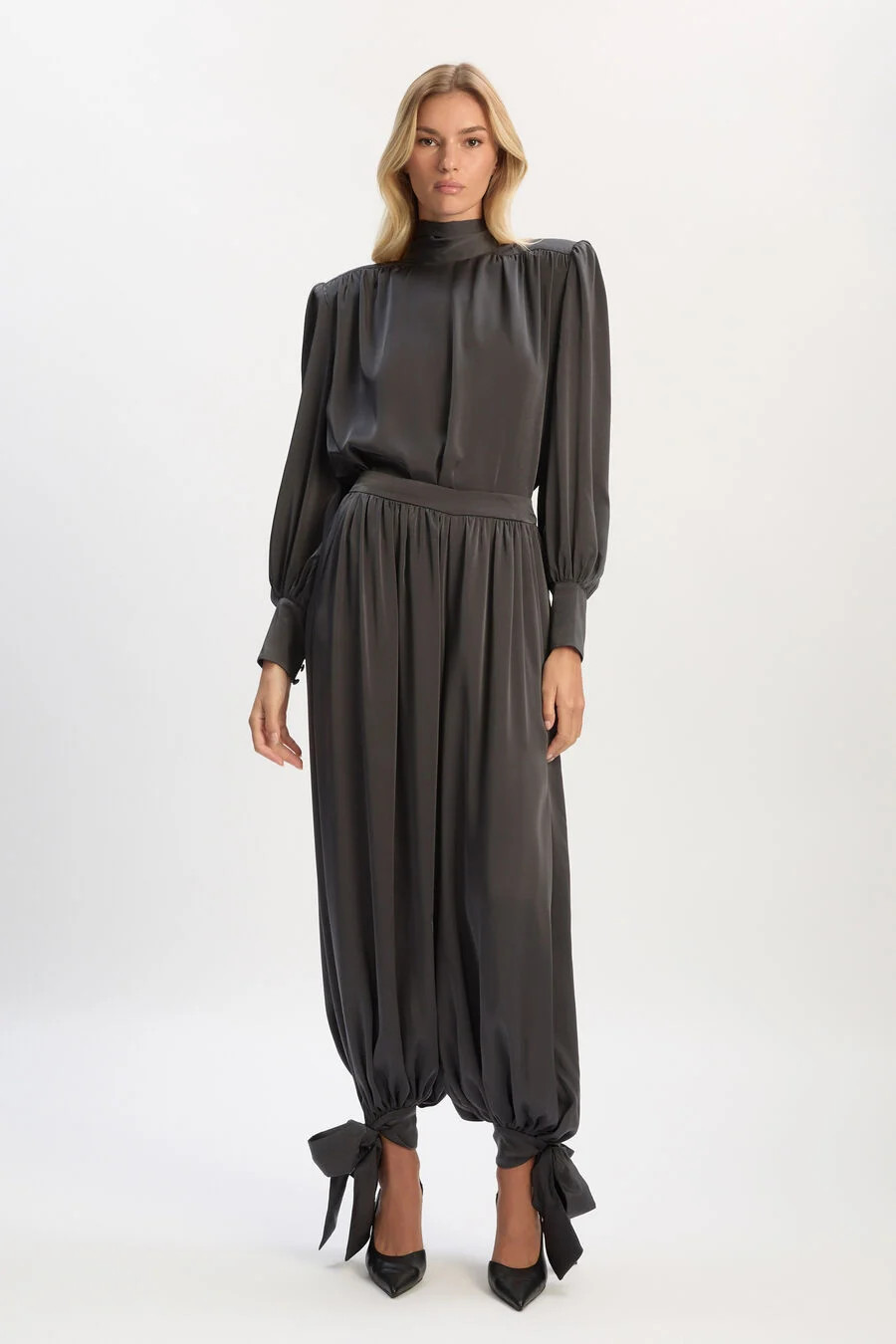 revana satin tie neck blouse in charcoal | Bardot (US)
