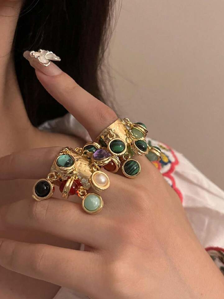 1pc Unique Design Antique Court Style Ring With Natural Turquoise Lapis Lazuli Multi-Pendants And... | SHEIN