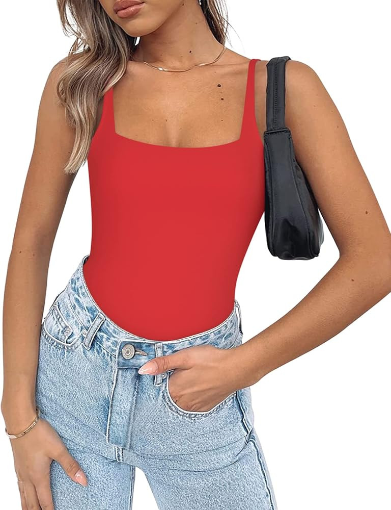 Saungkuai Women's Square Neck Sleeveless Open Back Tank Top Thong Bodysuit | Amazon (US)