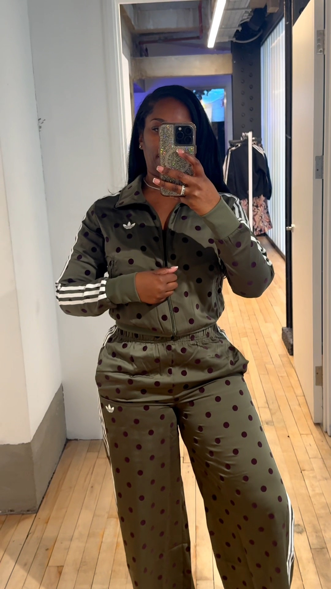 New Satin polka dot adidas track suit, available in a variety of colors for fall.  Super comfortable and chic.  I’m wearing a size S top and M bottom. 

#ltkstyle #outfitinspo

#LTKootd