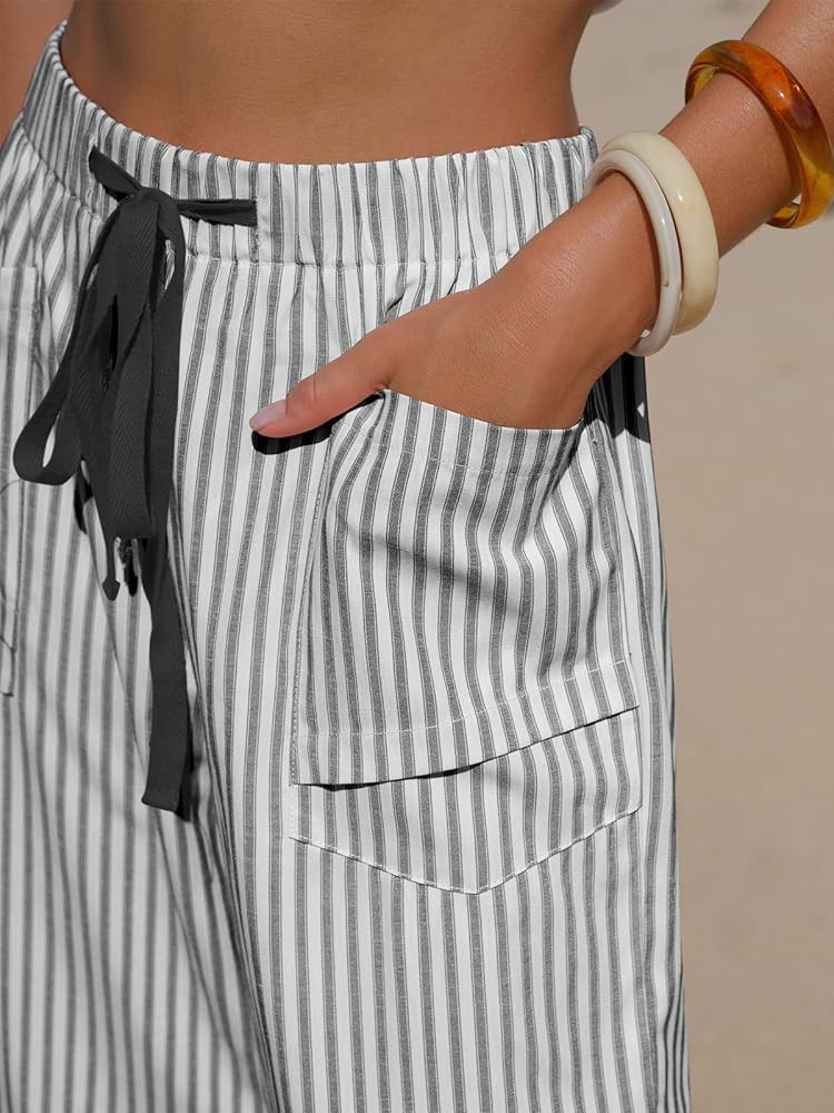 EXLURA Womens Faux Linen Striped Barrel Pants Comfy Drawstring Capri Pant with Pockets Summer Bea... | Amazon (US)