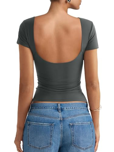 Micticsi Women Backless Open Back Tops Double Lined Boat Neck Going Out Tops Sexy Y2k Tee Shirts Grey M | Amazon (US)