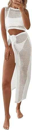 Fisoew Womens Crochet Swim Cover Ups 2 Piece Sleeveless Crop Tops Beach Wrap Skirt Hollow Out Boh... | Amazon (US)