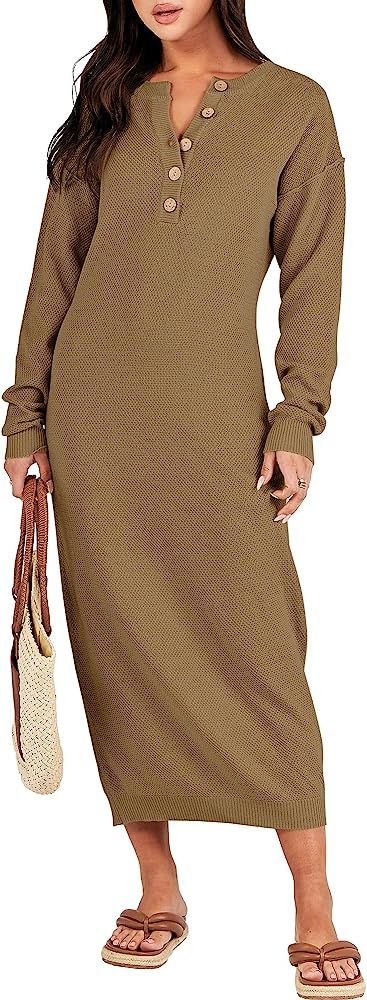 ANRABESS Women Sweater Dress Long Sleeve Button V Neck Oversized Casual Loose Fall Waffle Knit Lo... | Amazon (US)