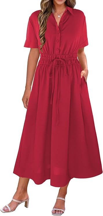 ECOWISH Womens Midi Dress Summer Spring Short Sleeve Button Front Casual A Line Maxi Shirt Dresse... | Amazon (US)