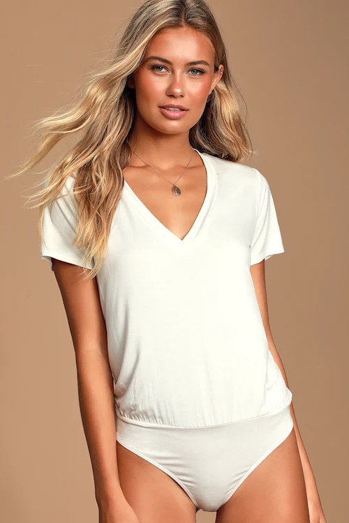 Adyn White V-Neck T-Shirt Bodysuit | Lulus (US)