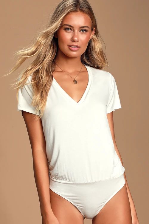 Adyn White V-Neck T-Shirt Bodysuit | Lulus (US)