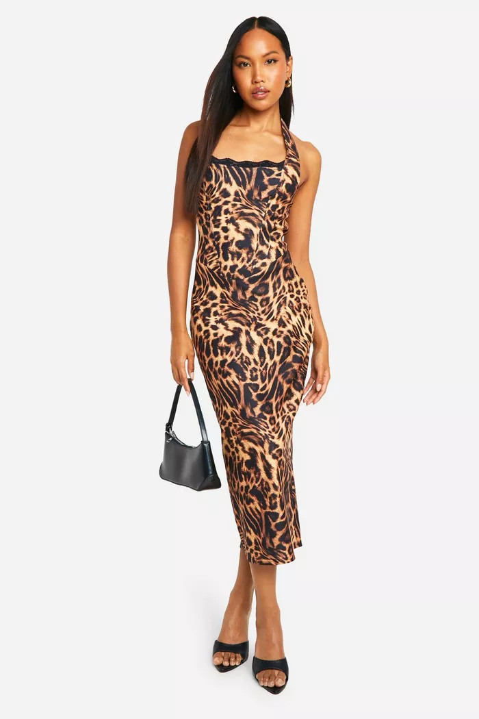 Leopard Printed Halterneck Bengaline Midaxi Dress | Boohoo.com (UK & IE)