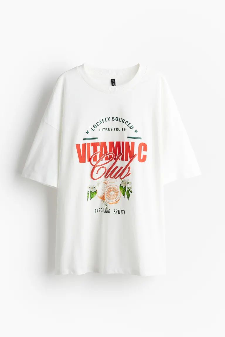 Oversized Motif-detail T-shirt - Round Neck - Short sleeve - White/Vitamin C - Ladies | H&M US | H&M (US + CA)