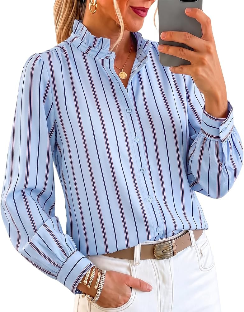 Cicy Bell Womens Striped Button Down Shirts Ruffle Color Block Blouses | Amazon (US)